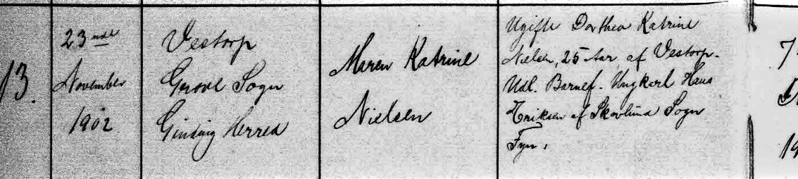 Udsnit af kirkebog, D&aring;b af Maren Katrine Nielsen